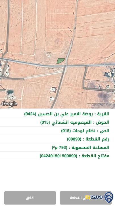 ارض مساحة 793م للبيع في روضة الأميرعلي بن الحسين- المفرق